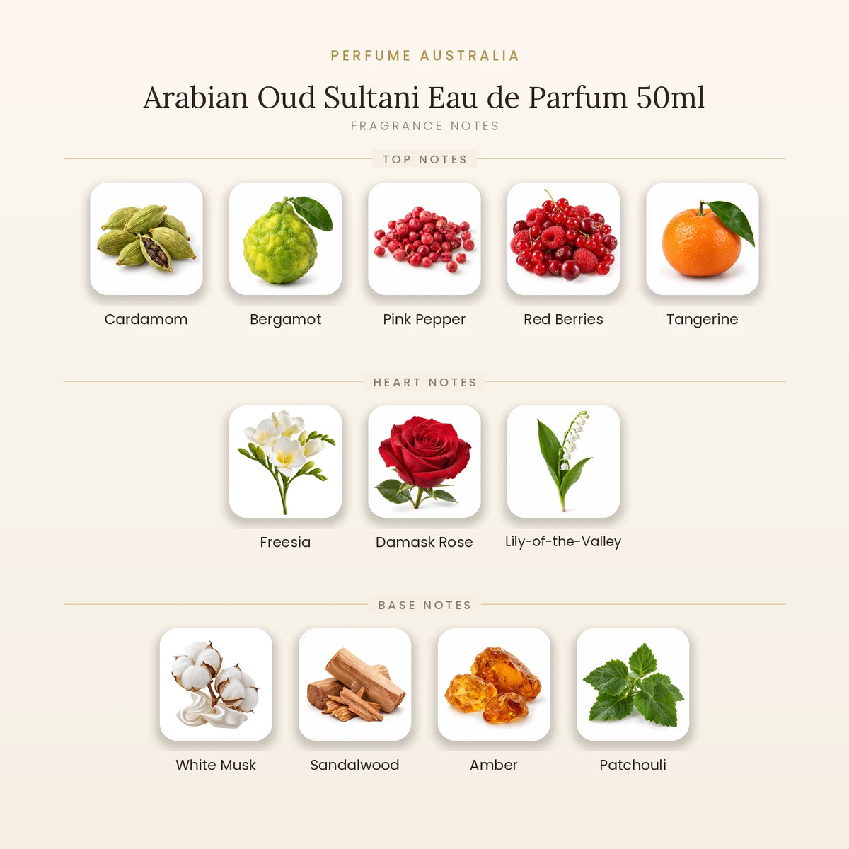 Fragrance note pyramid for Arabian Oud Sultani Eau de Parfum 50ml showing Cardamom, Bergamot, Pink Pepper, Red Berries, Tangerine top notes, Freesia, Damask Rose, Lily-of-the-Valley heart notes and White Musk, Sandalwood, Amber, Patchouli base notes