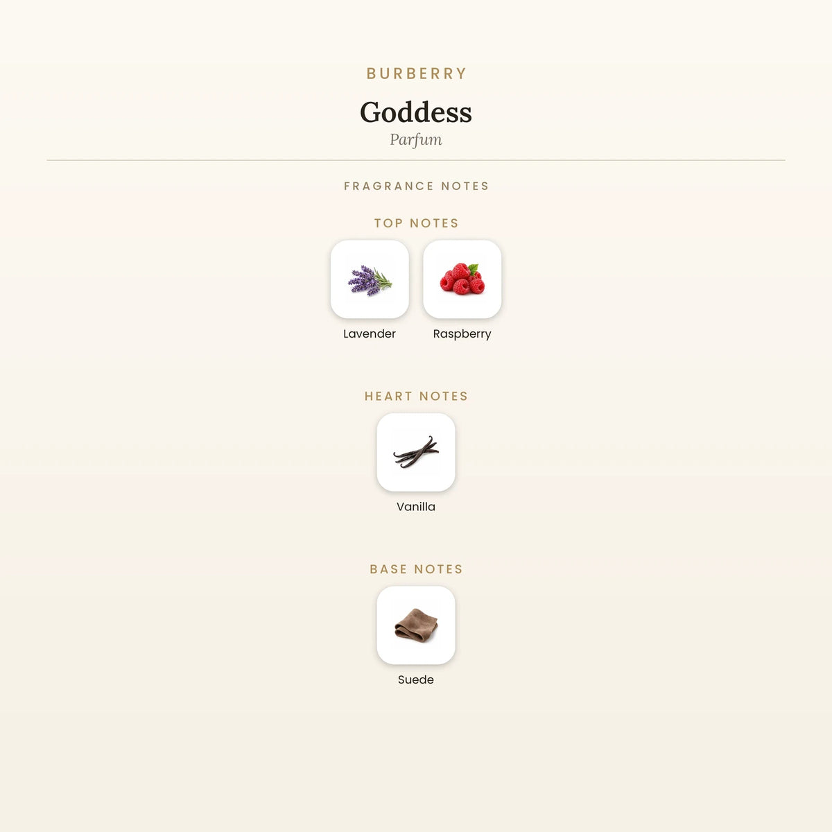 Fragrance note pyramid for Burberry Goddess Parfum showing Lavender, Raspberry top notes, Vanilla heart notes and Suede base notes