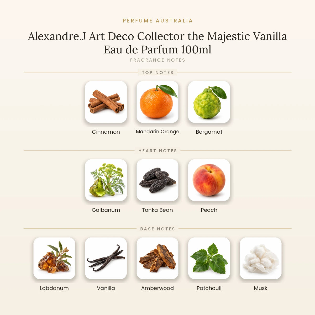 Fragrance note pyramid for Alexandre.J Art Deco Collector the Majestic Vanilla Eau de Parfum 100ml showing Cinnamon, Mandarin Orange, Bergamot top notes, Galbanum, Tonka Bean, Peach heart notes and Labdanum, Vanilla, Amberwood, Patchouli, Musk base notes