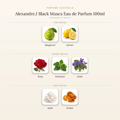 Fragrance note pyramid for Alexandre.J Black Muscs Eau de Parfum 100ml showing Bergamot, Lemon top notes, Rose, Patchouli, Violet heart notes and Musk, Amber base notes