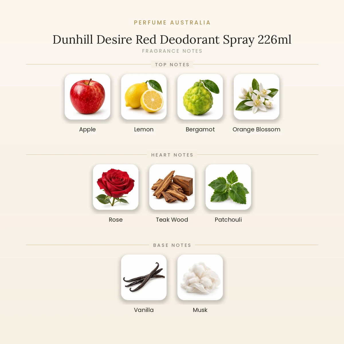 Fragrance note pyramid for Dunhill Desire Red Deodorant Spray 226ml showing Apple, Lemon, Bergamot, Orange Blossom top notes, Rose, Teak Wood, Patchouli heart notes and Vanilla, Musk base notes