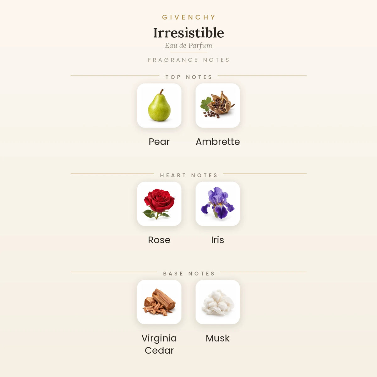 Fragrance note pyramid for Givenchy Irresistible Eau de Parfum 80ml showing Pear, Ambrette top notes, Rose, Iris heart notes and Virginia Cedar, Musk base notes