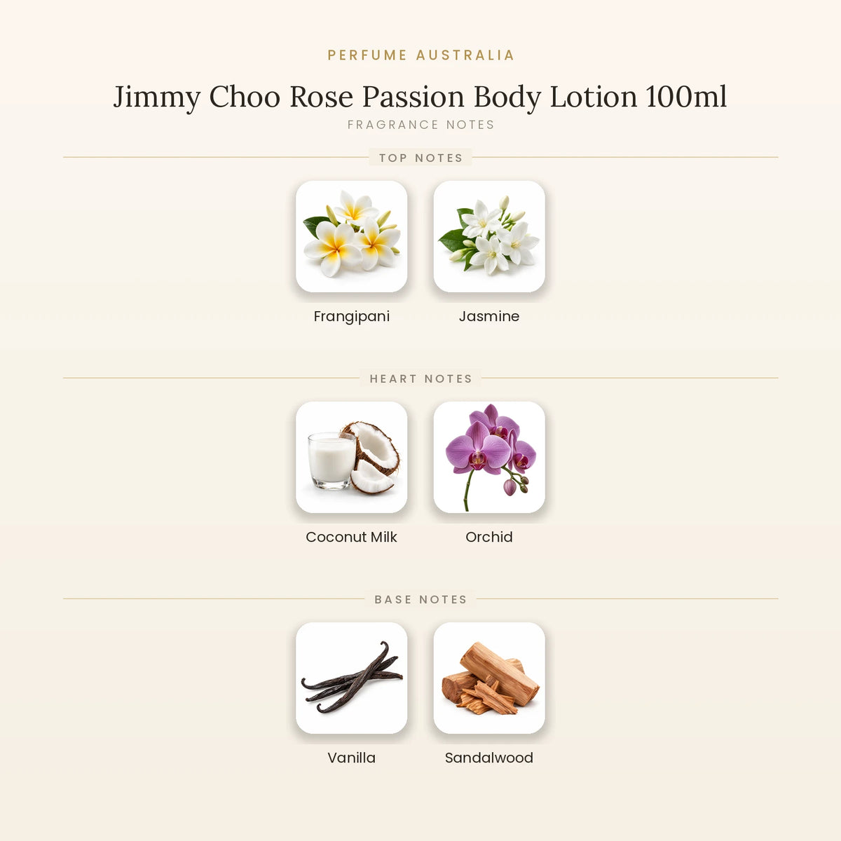Fragrance note pyramid for Jimmy Choo Rose Passion Body Lotion 100ml showing Frangipani, Jasmine top notes, Coconut Milk, Orchid heart notes and Vanilla, Sandalwood base notes