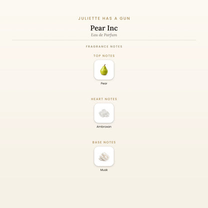 Fragrance note pyramid for Juliette Has A Gun Pear Inc. Eau de Parfum showing Pear top notes, Ambroxan heart notes and Musk base notes