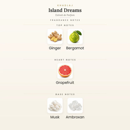 Fragrance note pyramid for Khadlaj Island Dreams Extrait de Parfum 100ml showing Ginger, Bergamot top notes, Grapefruit heart notes and Musk, Ambroxan base notes