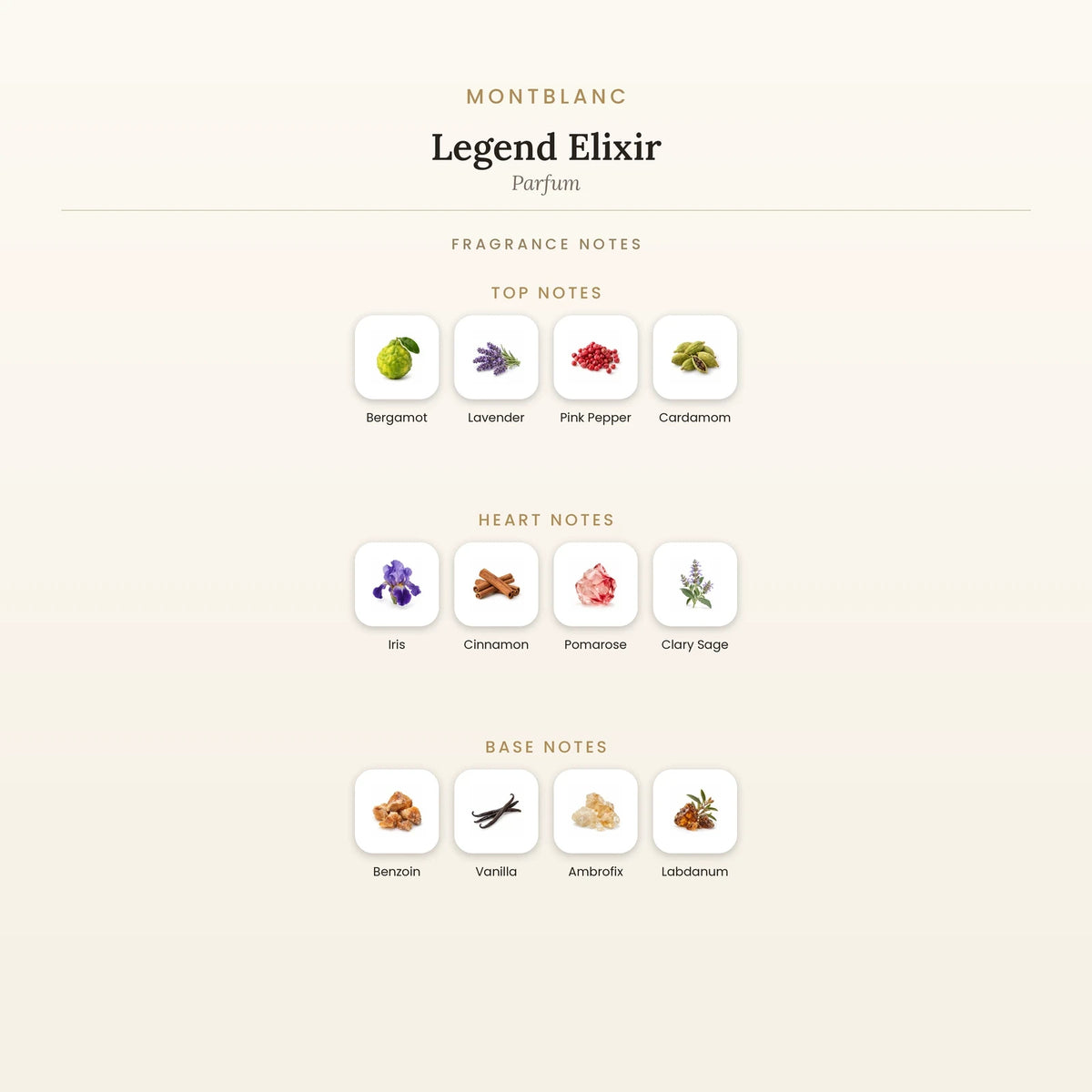 Fragrance note pyramid for Montblanc Legend Elixir Parfum showing Bergamot, Lavender top notes, Iris, Cinnamon heart notes and Benzoin, Vanilla base notes