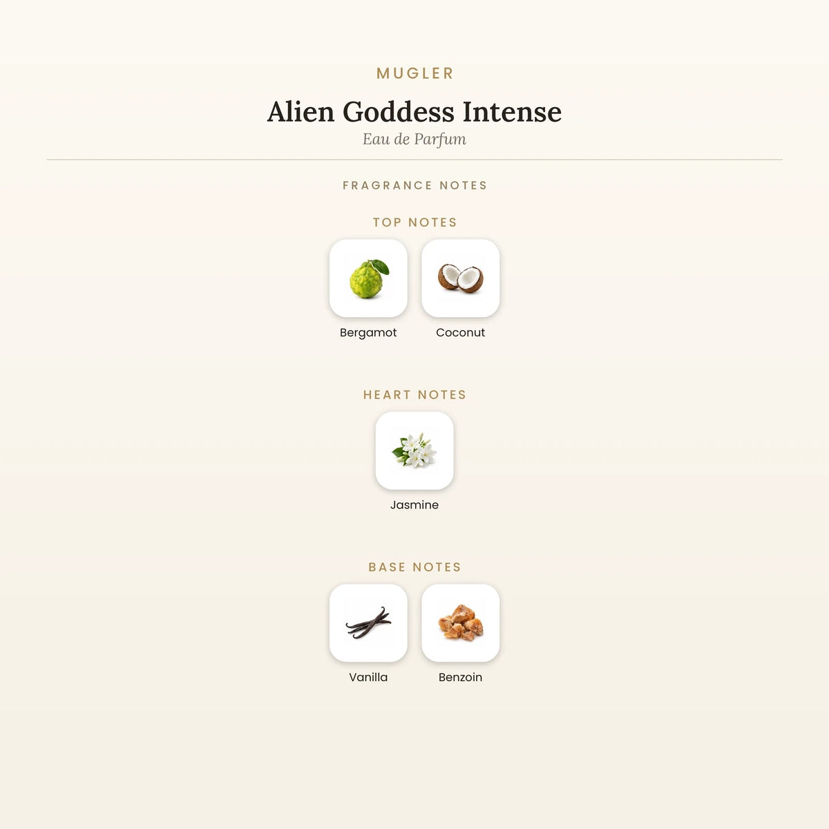 Fragrance note pyramid for Mugler Alien Goddess Intense Eau de Parfum showing Bergamot, Coconut top notes, Jasmine heart notes and Vanilla, Benzoin base notes