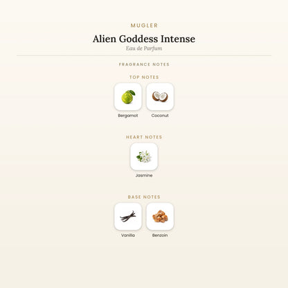 Fragrance note pyramid for Mugler Alien Goddess Intense Eau de Parfum showing Bergamot, Coconut top notes, Jasmine heart notes and Vanilla, Benzoin base notes
