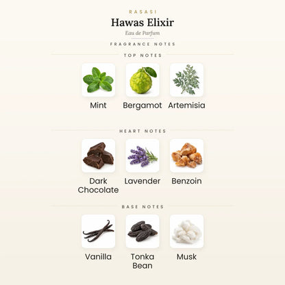 Fragrance note pyramid for Rasasi Hawas Elixir Eau de Parfum 100ml showing Mint, Bergamot top notes, Dark Chocolate, Lavender heart notes and Vanilla, Tonka Bean base notes