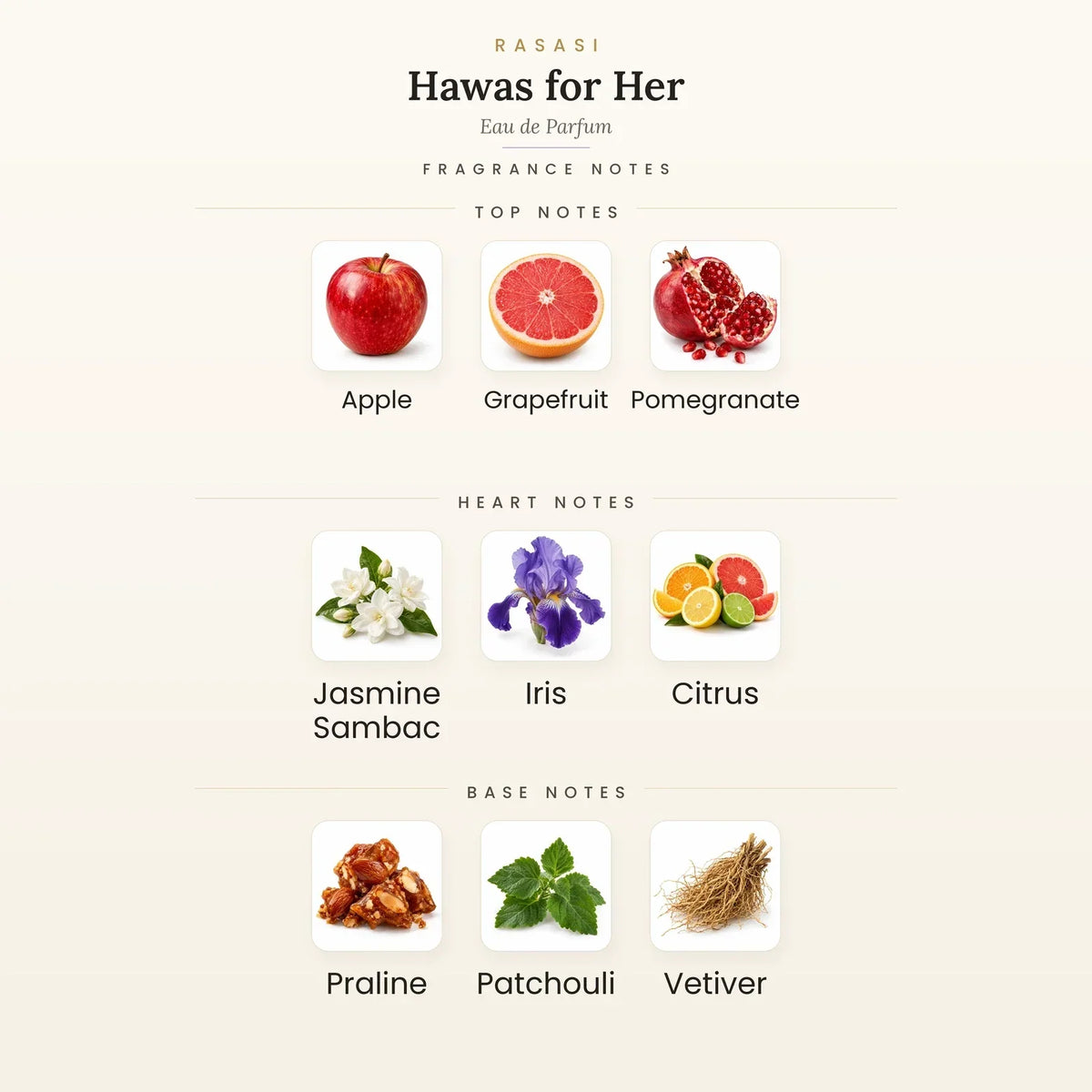 Fragrance note pyramid for Rasasi Hawas for Her Eau de Parfum 100ml showing Apple, Grapefruit, Pomegranate top notes, Jasmine Sambac, Iris, Citrus heart notes and Praline, Patchouli, Vetiver base notes