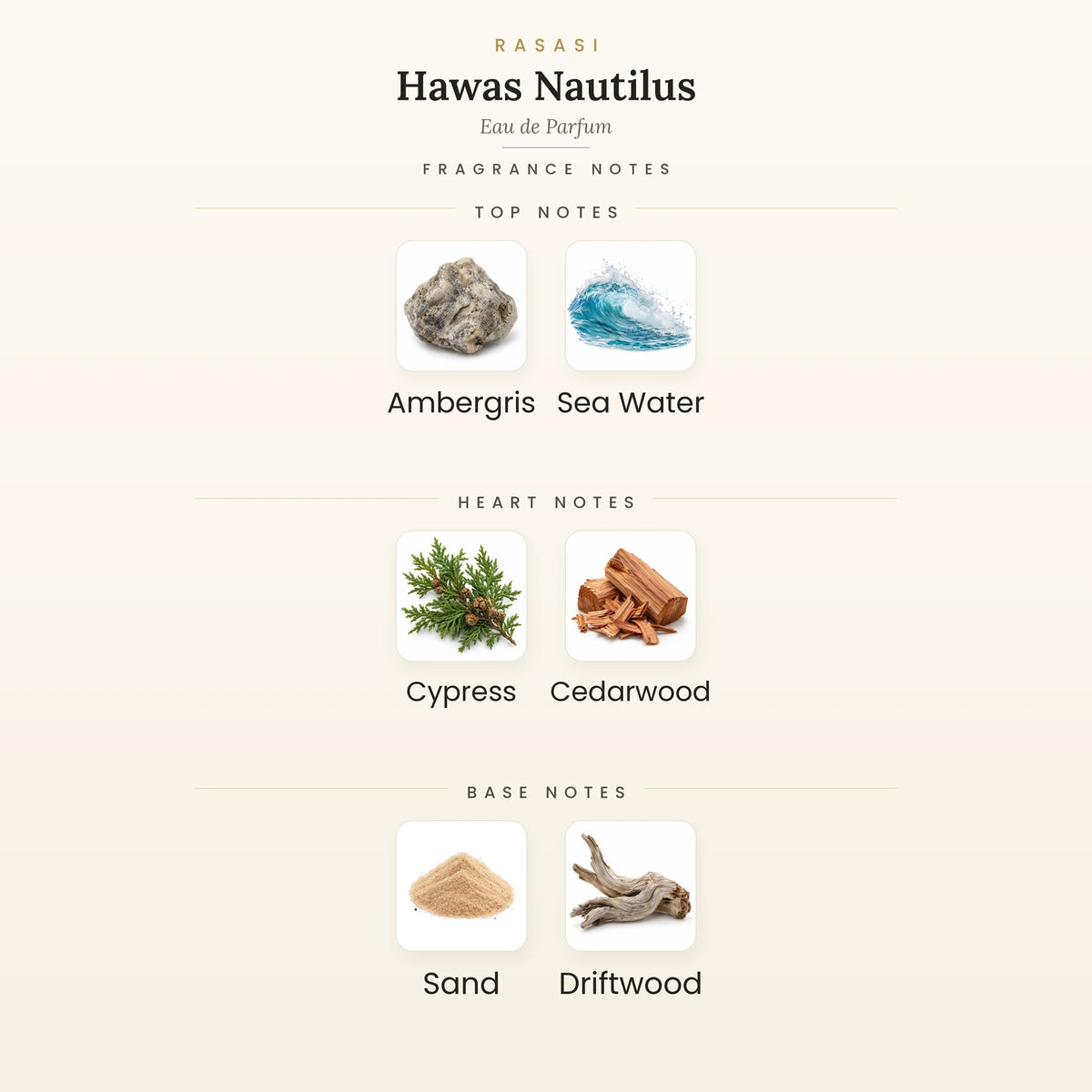 Rasasi Hawas Nautilus Eau de Parfum fragrance notes - top, heart and base notes
