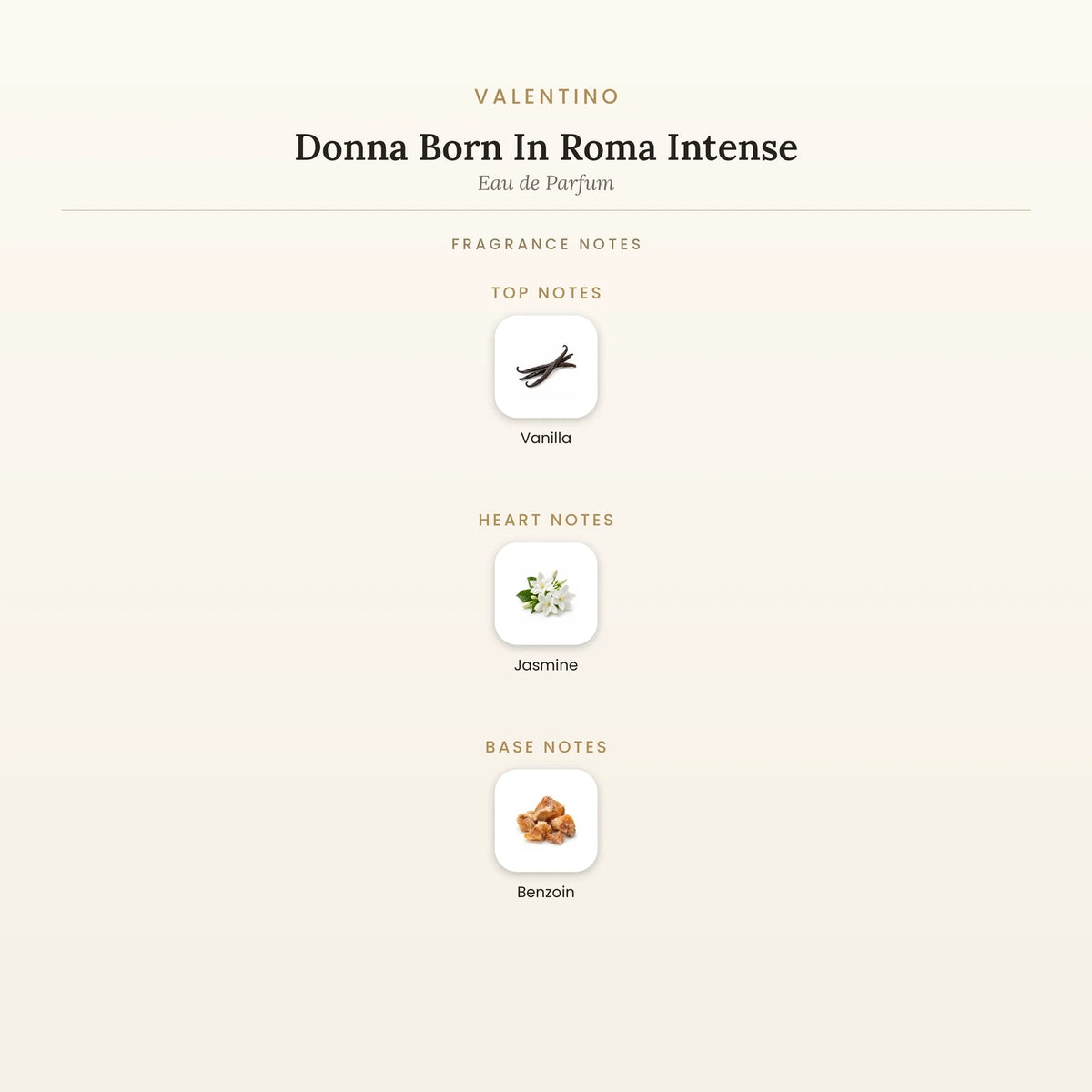 Fragrance note pyramid for Valentino Donna Born In Roma Intense Eau de Parfum showing Vanilla top notes, Jasmine heart notes and Benzoin base notes