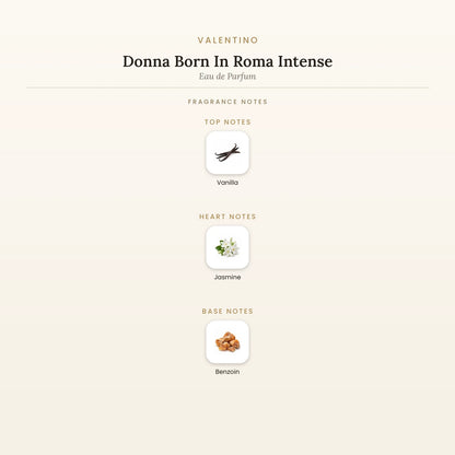 Fragrance note pyramid for Valentino Donna Born In Roma Intense Eau de Parfum showing Vanilla top notes, Jasmine heart notes and Benzoin base notes