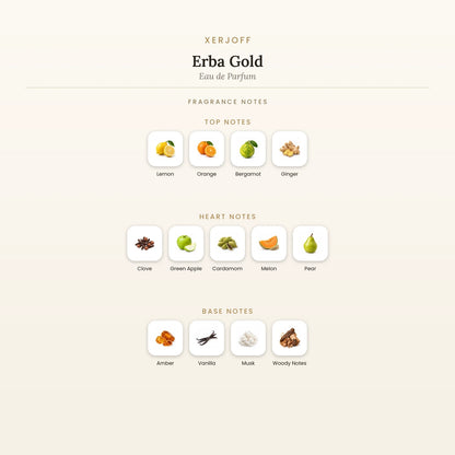 Fragrance note pyramid for Xerjoff Erba Gold Eau de Parfum showing Lemon, Orange top notes, Clove, Green Apple heart notes and Amber, Vanilla base notes